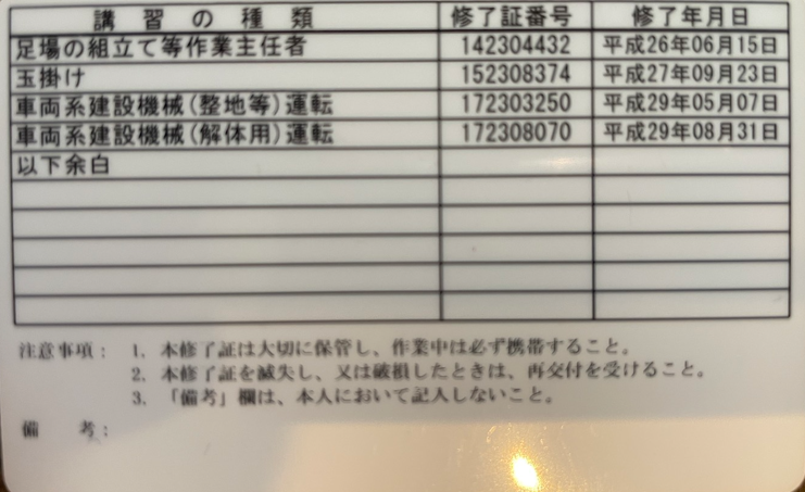 技能講習修了証（裏面）